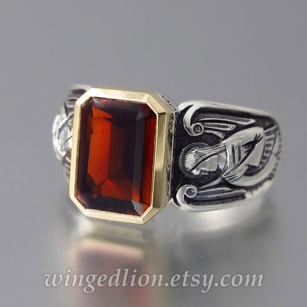 Garnet ring, GUARDIAN ANGELS silver and 14K gold ring with emerald cut Garnet (sizes 5 to 8.5)