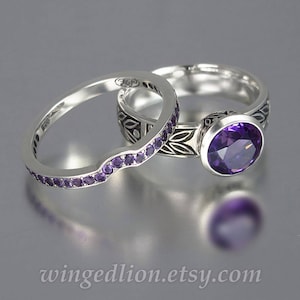 LAUREL CROWN silver engagement set ring and wedding band with Amethyst