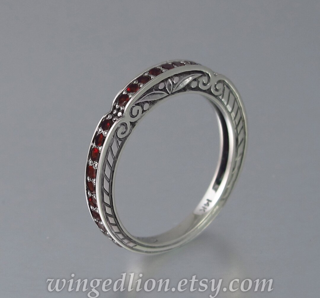 CARYATID Wedding Band in 14k White Gold With Garnets - Etsy