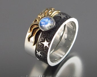 SOLAR ECLIPSE Sun and Moon Engagement rings with Moonstone in sterling silver and 18k gold