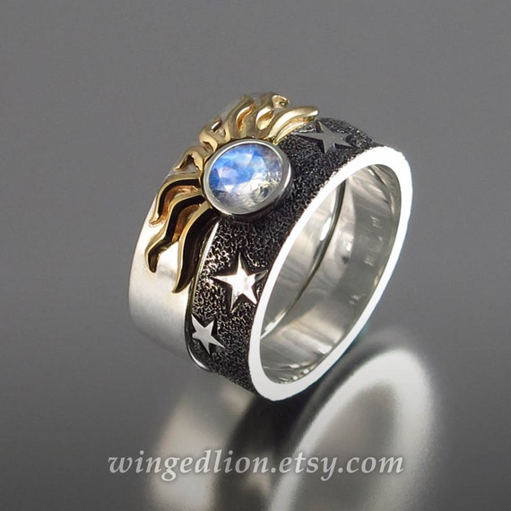 SOLAR ECLIPSE Sun and Moon Engagement rings with Moonstone in sterling silver and 18k gold