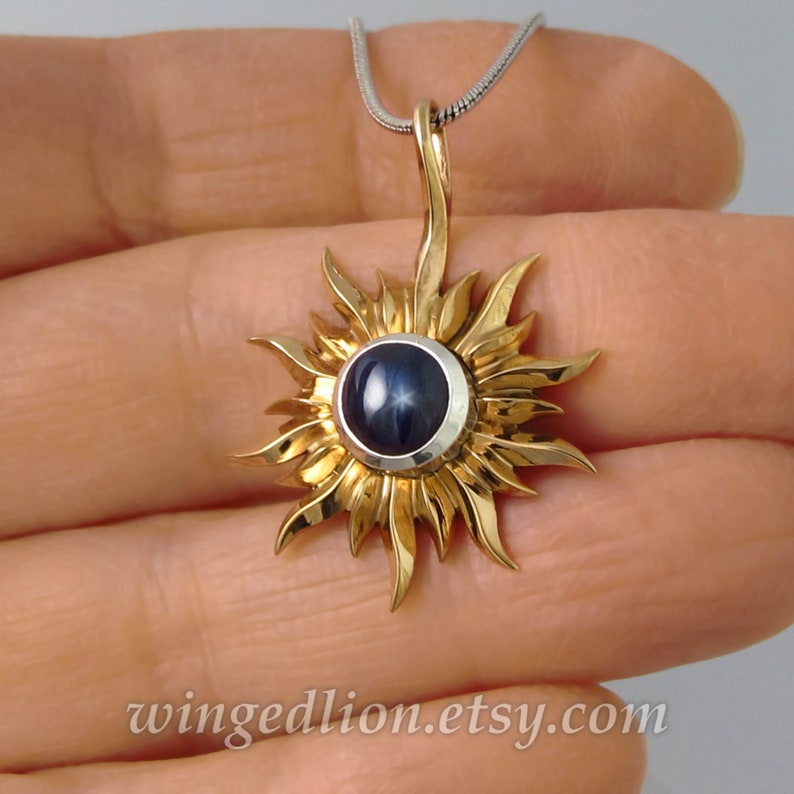 SOLAR ECLIPSE bronze and silver sun pendant with Star Sapphire image 2