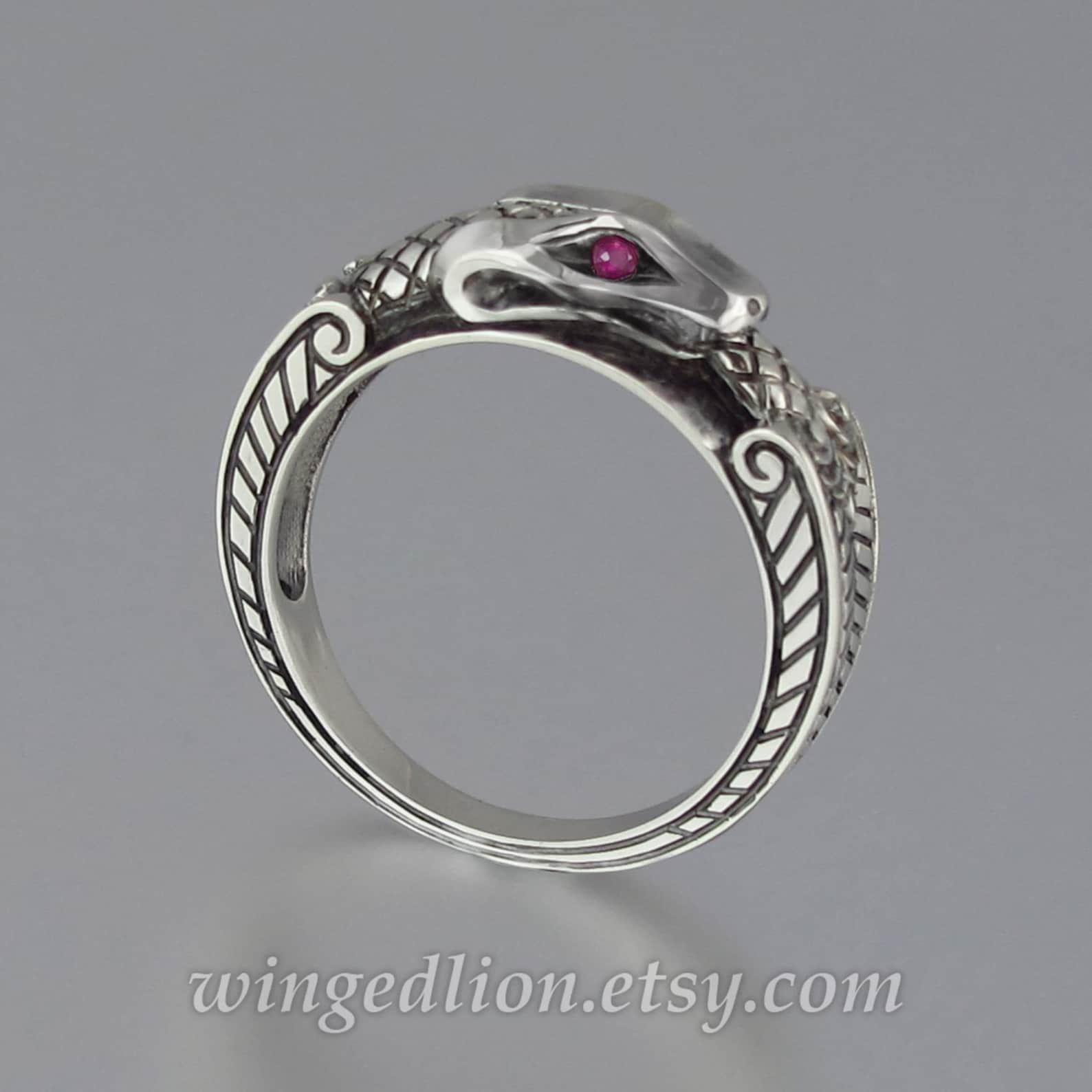 OUROBOROS 14K White Gold Mens Snake Ring With Ruby Eyes Unisex Etsy