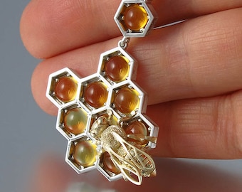 SWEETER THAN HONEY silver and 14k gold honeycomb bee pendant with citrine & white sapphires