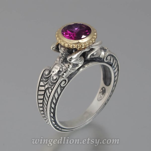 size 6.5 Ready to ship CARYATID Ring in Silver and 14K gold with Rhodolite Garnet