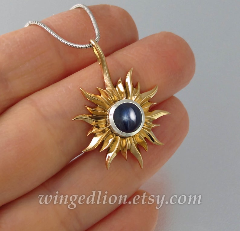 SOLAR ECLIPSE bronze and silver sun pendant with Star Sapphire image 6