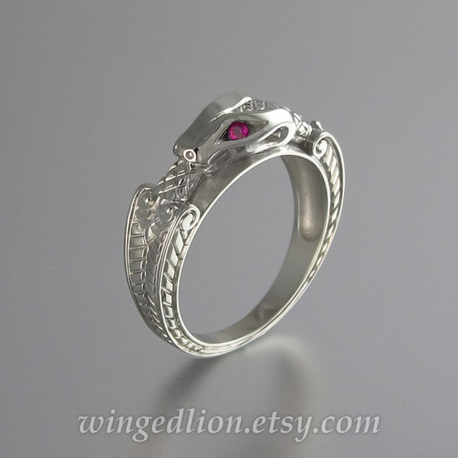 OUROBOROS 14K White Gold Mens Snake Ring With Ruby Eyes Unisex Etsy