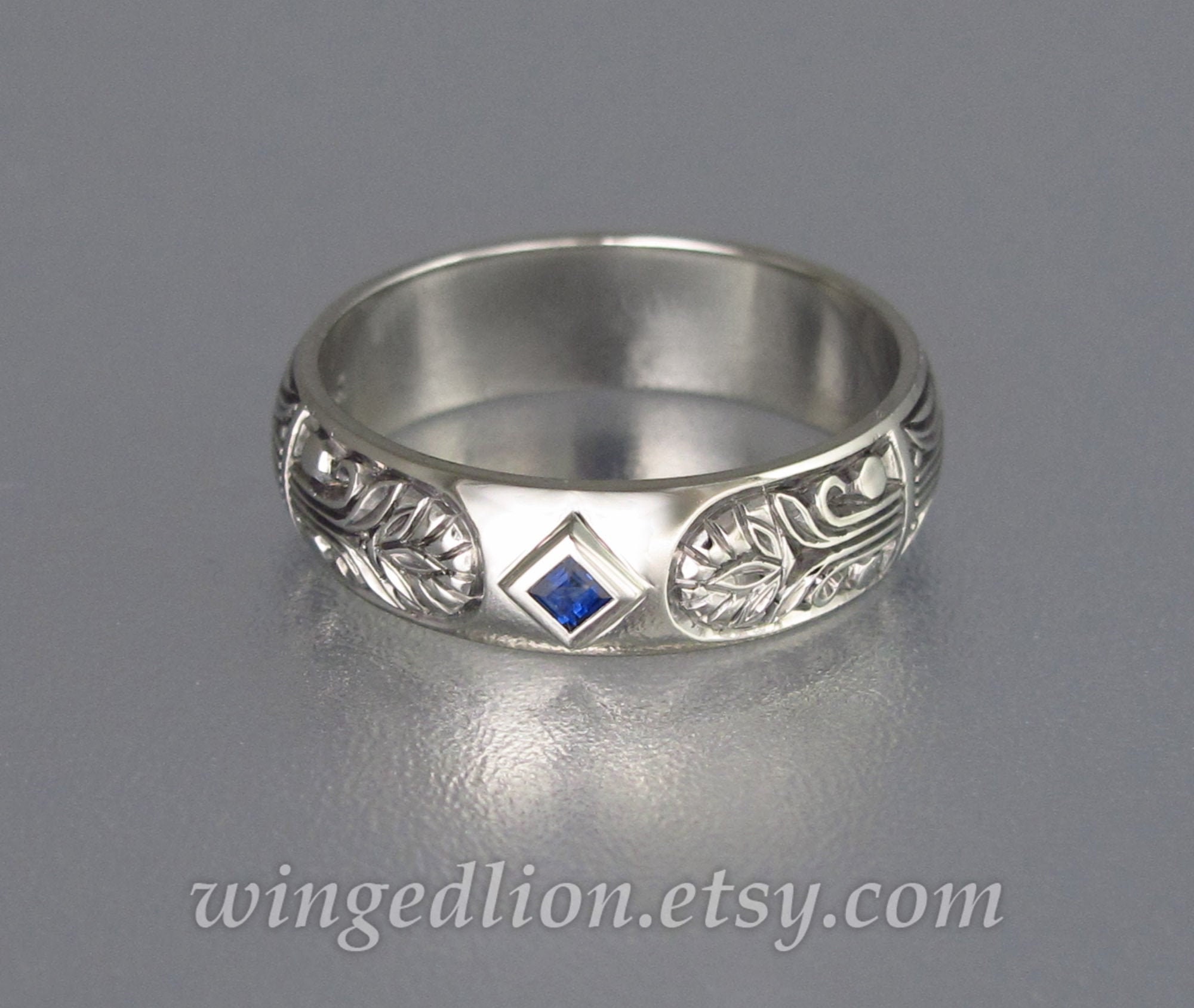 Wedding band for men, ALEXANDER 14K white gold mens wedding band, Blue Sapphire band