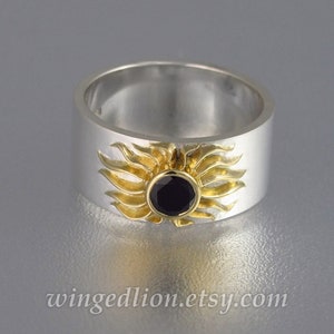 FULL SUN total solar eclipse Engagement Ring & Wedding Band Set in silver and 18K gold Black Spinel white sapphires image 4