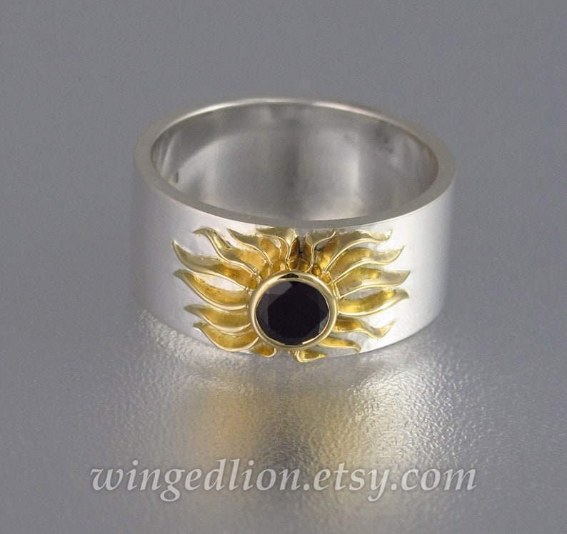 FULL SUN total solar eclipse Engagement Ring & Wedding Band Set in silver and 18K gold Black Spinel white sapphires image 4