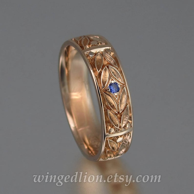 EVERGREEN LAUREL 14k gold mens wedding band with Blue Sapphire unisex ring 14k rose gold