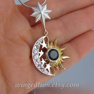 SOLAR ECLIPSE sun and moon silver and 14k gold pendant with Black Spinel