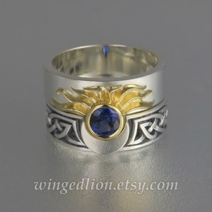 Sun and Moon ECLIPSE Celtic ring set in 18K gold and silver with lab Blue Sapphire