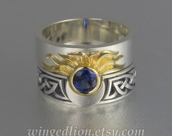 Sun and Moon ECLIPSE Celtic ring set in 18K gold and silver with lab Blue Sapphire