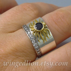 FULL SUN total solar eclipse Engagement Ring & Wedding Band Set in silver and 18K gold Black Spinel white sapphires image 3