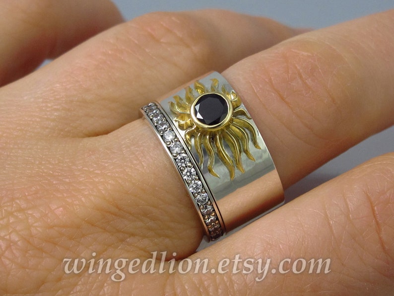FULL SUN total solar eclipse Engagement Ring & Wedding Band Set in silver and 18K gold Black Spinel white sapphires image 3