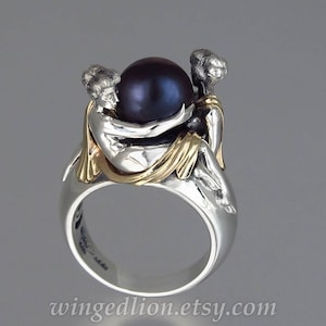 TWO BEAUTIES silver & 14k gold Black Akoya Pearl ring