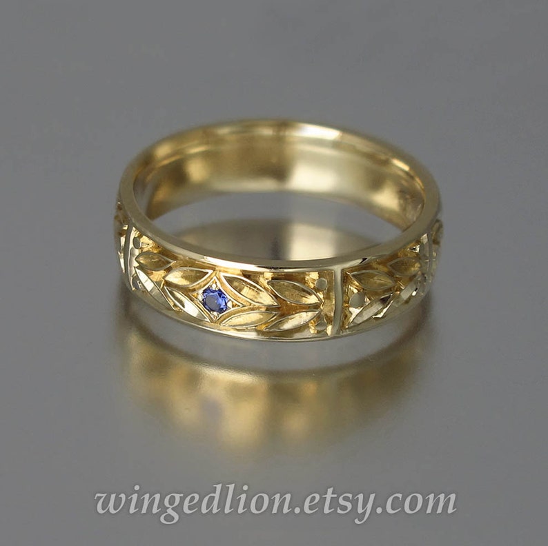 EVERGREEN LAUREL 14k gold mens wedding band with Blue Sapphire unisex ring 14k yellow gold