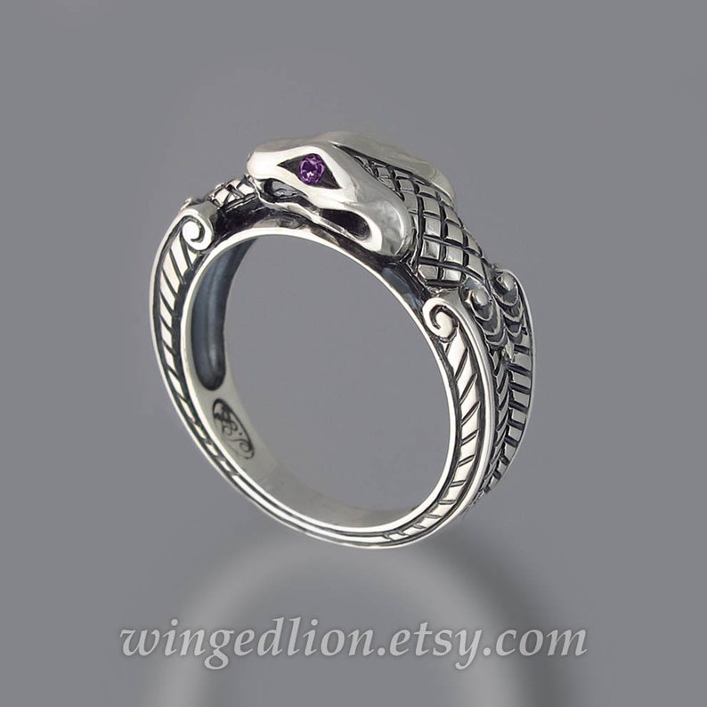 OUROBOROS Silver Mens Unisex Snake Ring With Amethyst Eyes - Etsy