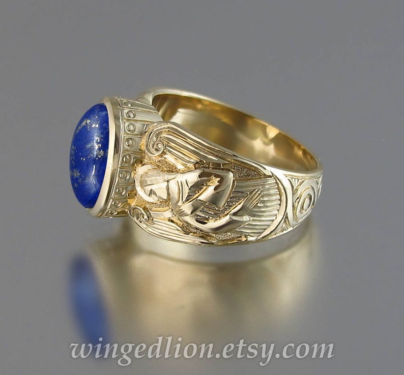 Guardian Angels Mens 14K yellow gold Ring with Lapis Lazuli sizes 8 to 14 image 2