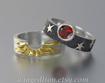 SOLAR ECLIPSE Sun and Moon Engagement rings with Garnet in sterling silver and 18k gold