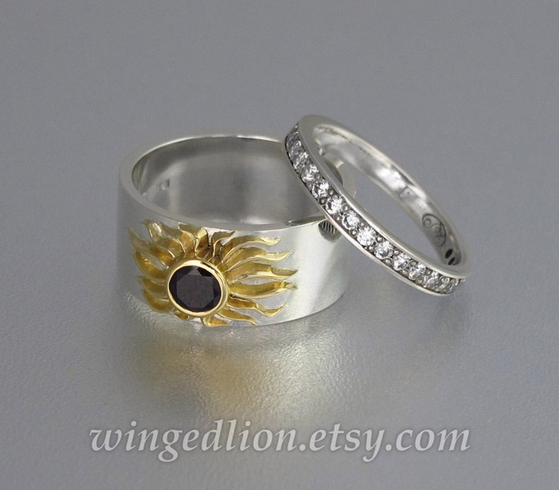 FULL SUN total solar eclipse Engagement Ring & Wedding Band Set in silver and 18K gold Black Spinel white sapphires image 1
