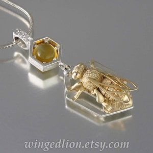 HONEY BEE silver and 14k gold pendant with citrine and white sapphires