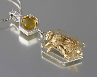 HONEY BEE silver and 14k gold pendant with citrine and white sapphires