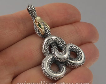 OUROBOROS silver and 14k gold pendant with Emerald eyes Ready to ship