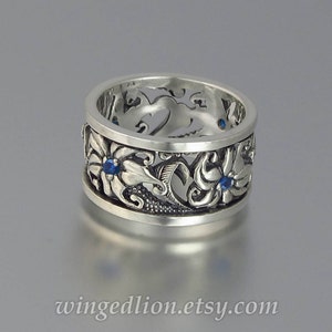 FLORAL Art Nouveau inspired silver band with Blue Sapphires