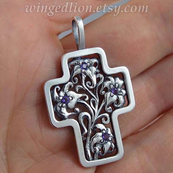 Floral Silver Cross Art Nouveau inspired with Amethyst