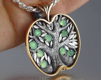 APPLE TREE silver and bronze pendant with Chrysoprase - Tree of Life necklace