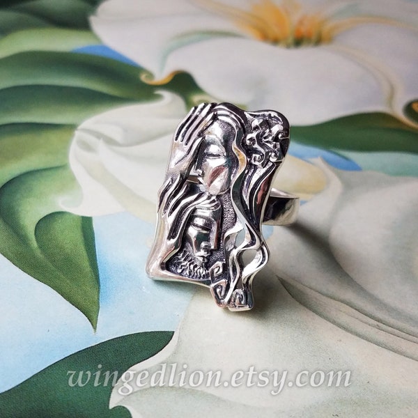 LOVERS statement silver ring Art Nouveau inspired