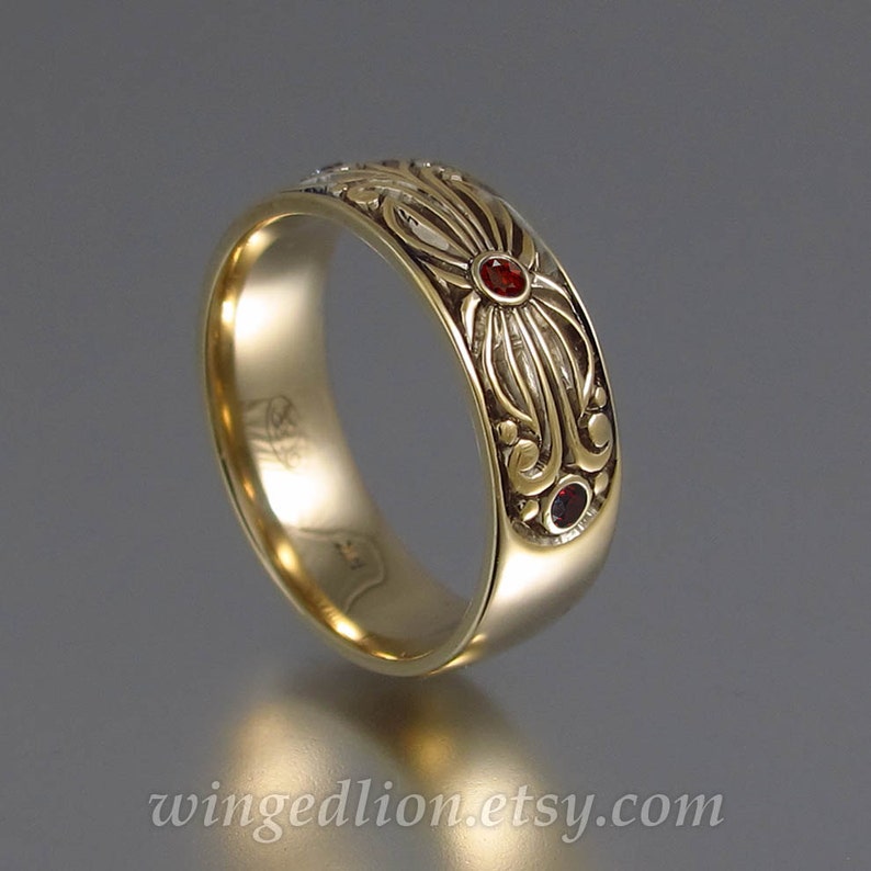 The COUNT mens wedding band in 14K yellow gold with Garnets image 3