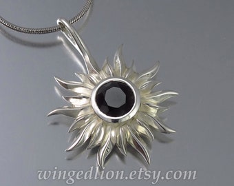 SOLAR ECLIPSE silver sun pendant with Black Spinel