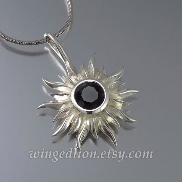 SOLAR ECLIPSE silver sun pendant with Black Spinel