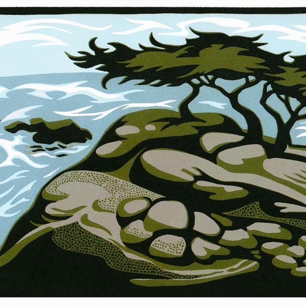 MONTEREY CYPRESSES linocut