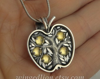 Small APPLE TREE silver pendant with Citrines - Tree of Life charm