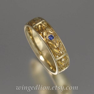 EVERGREEN LAUREL 14k gold mens wedding band with Blue Sapphire unisex ring image 2