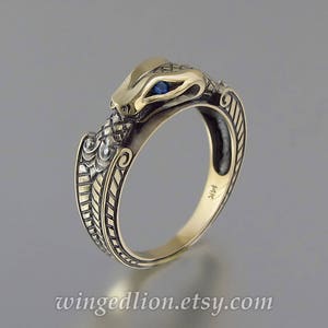 OUROBOROS 14K yellow gold ring Snake with Blue Sapphire eyes mens unisex band