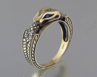 OUROBOROS 14K yellow gold ring Snake with Blue Sapphire eyes mens unisex band