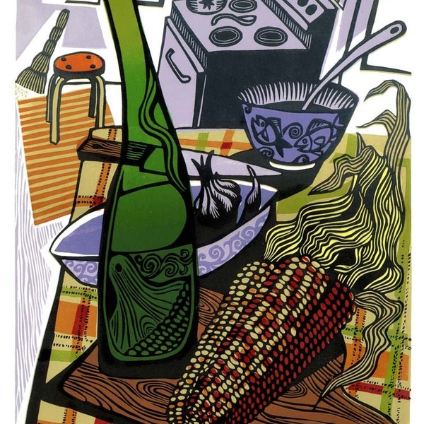 A KITCHEN TABLE linocut