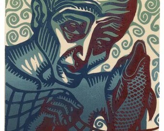 OLD FISHERMAN linocut with chine colle