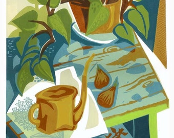 SPRING GARDENING linocut