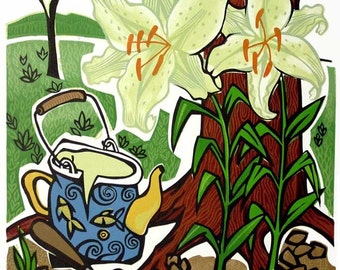 TEA FOR TWO linocut