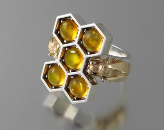 HONEY BEES silver and 14k gold cocktail ring