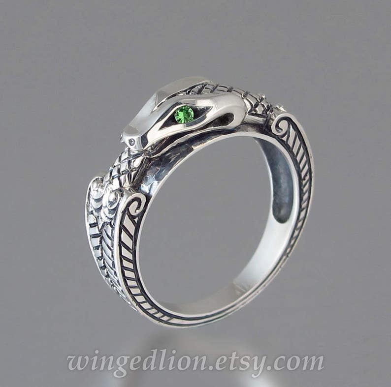 OUROBOROS Silver Mens Snake Ring With Tsavorite Green Etsy