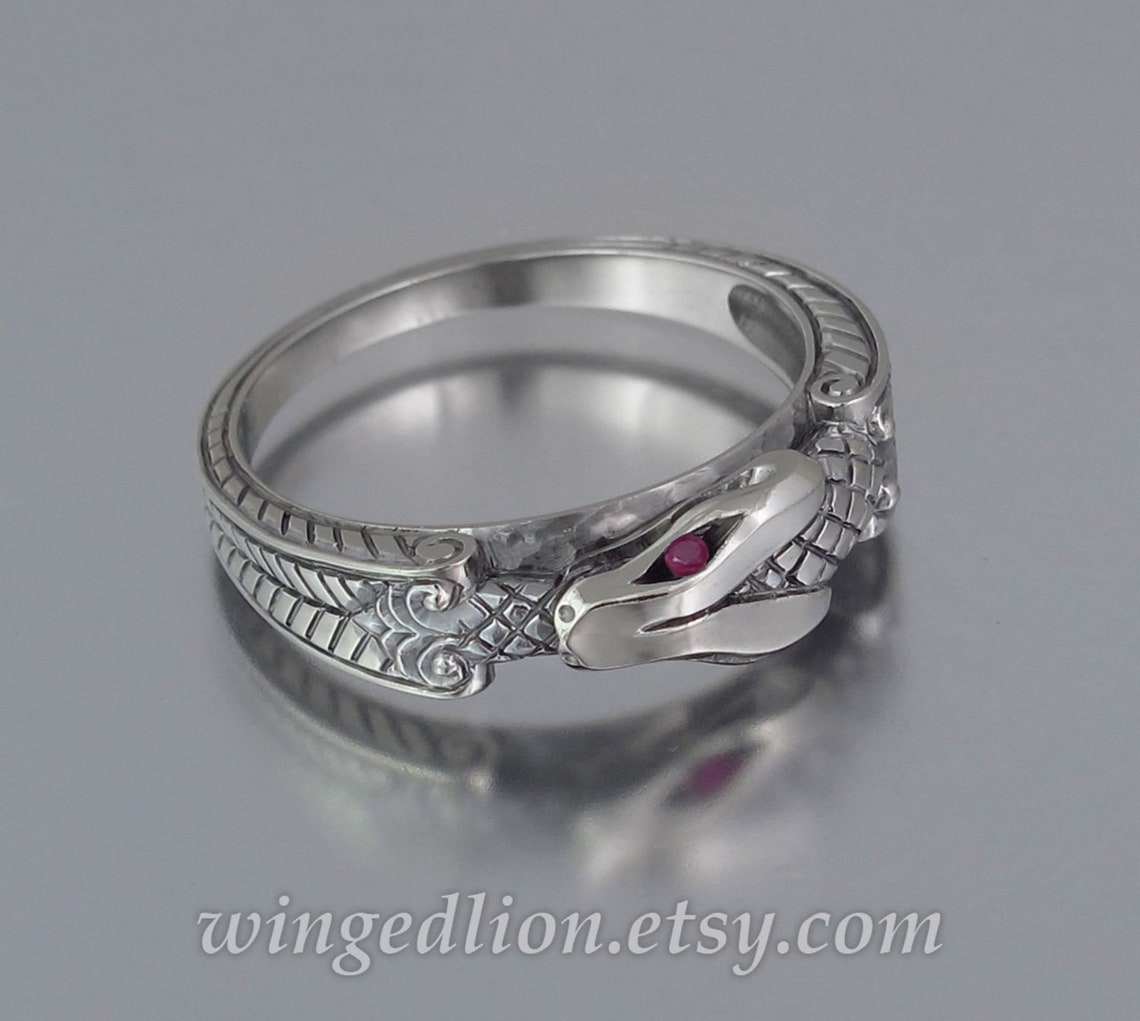 OUROBOROS 14K White Gold Mens Snake Ring With Ruby Eyes Unisex Etsy
