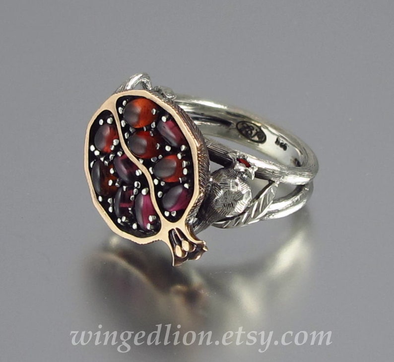 POMEGRANATE garnet bronze and silver ring 