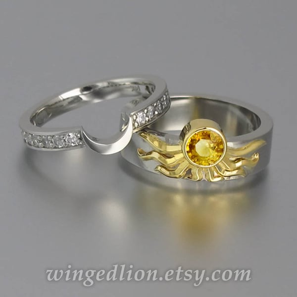 Sun and Moon ECLIPSE engagement wedding ring set in 18k & 14k gold with Yellow Sapphire